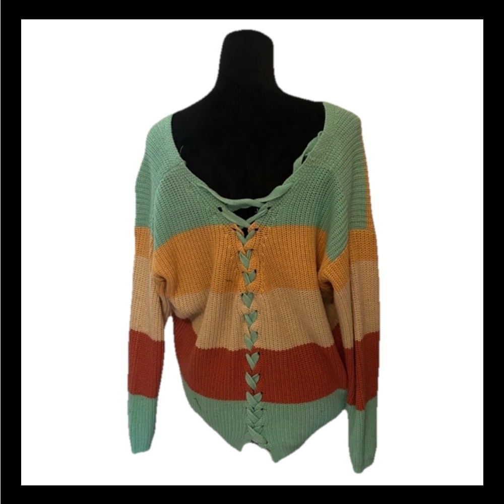 Rock &Roll Chunky Oversized Color Block V-Neck Sweater W/A Lace Up Back Detail M